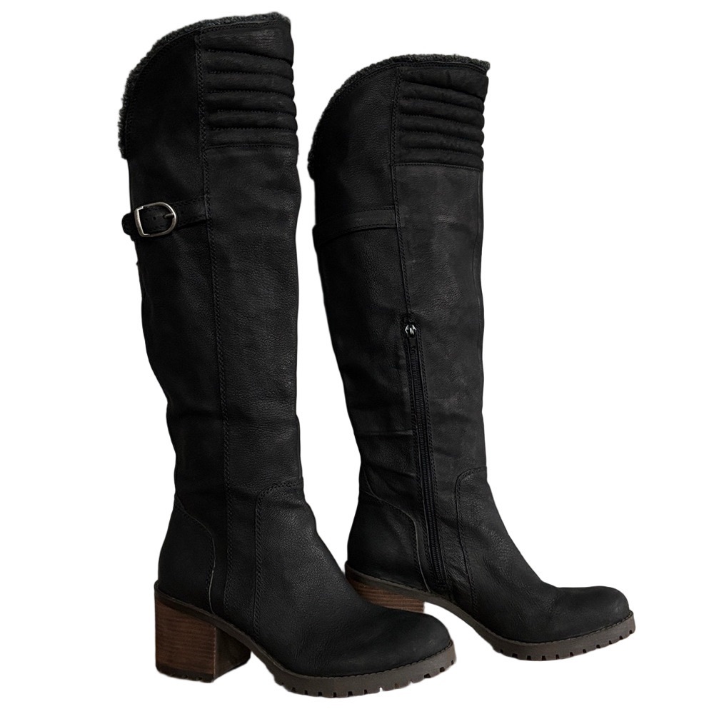 Lucky Brand Over the Knee Black Leather Faux Fur Block Heel Boots sz 10